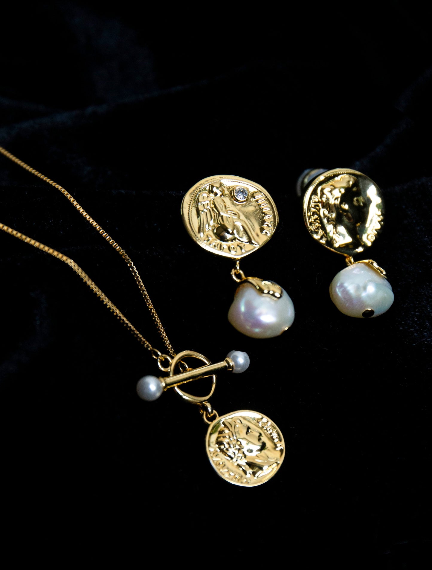 Ancient Coin and Pearl Stud Earrings