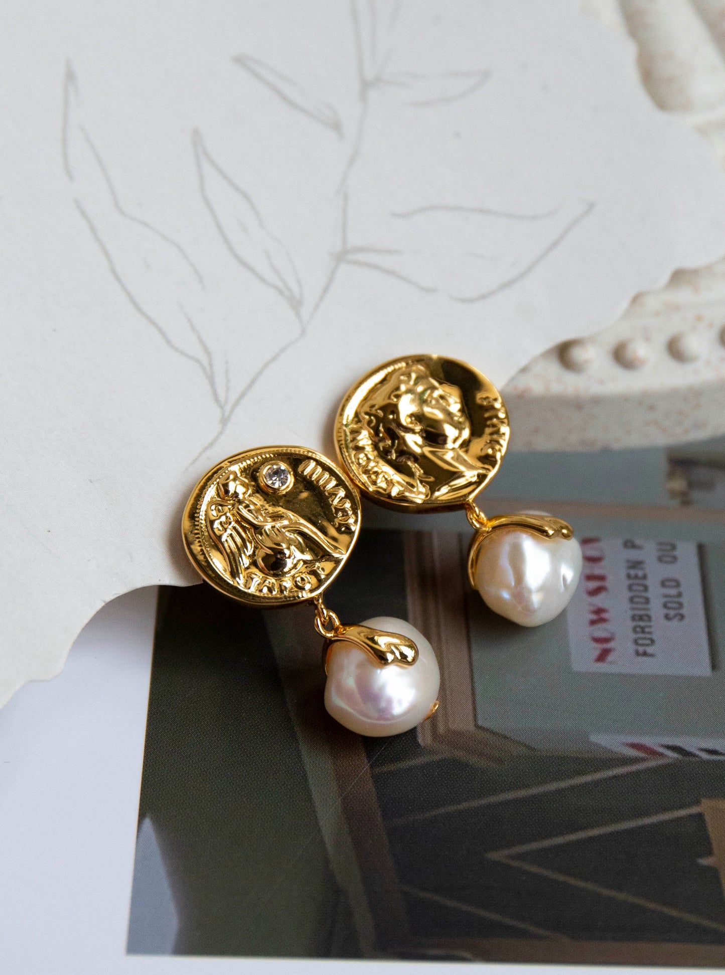 Ancient Coin and Pearl Stud Earrings