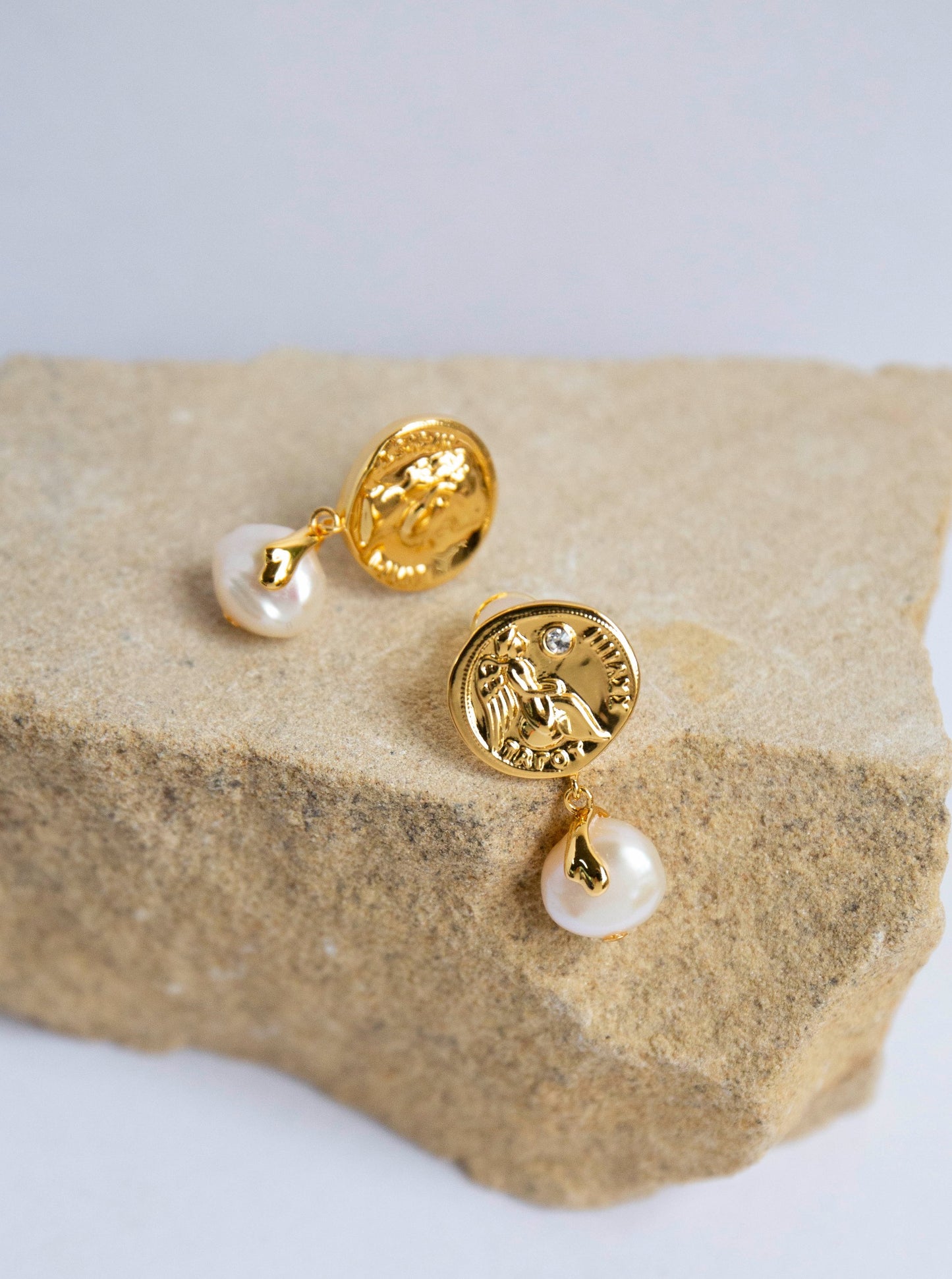 Ancient Coin and Pearl Stud Earrings