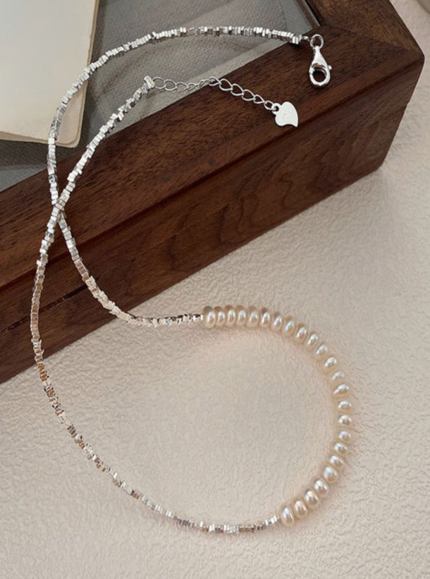 Pearls and Square-cut Silver Pieces Necklace