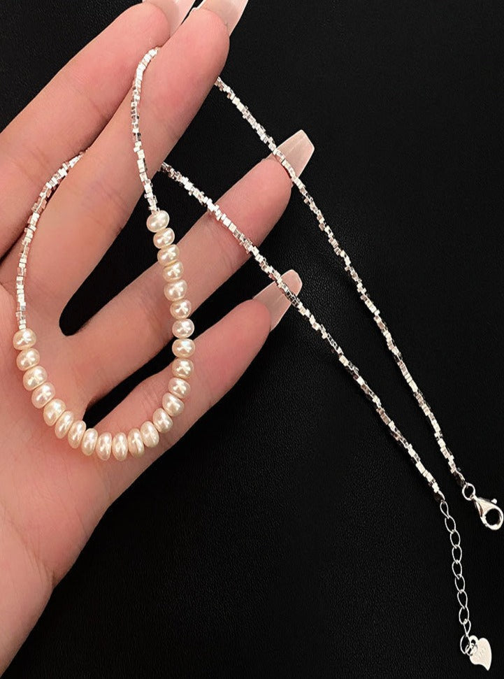 Pearls and Square-cut Silver Pieces Necklace