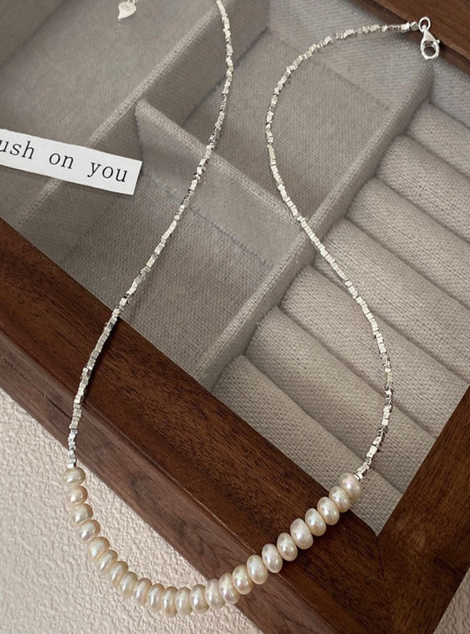 Pearls and Square-cut Silver Pieces Necklace
