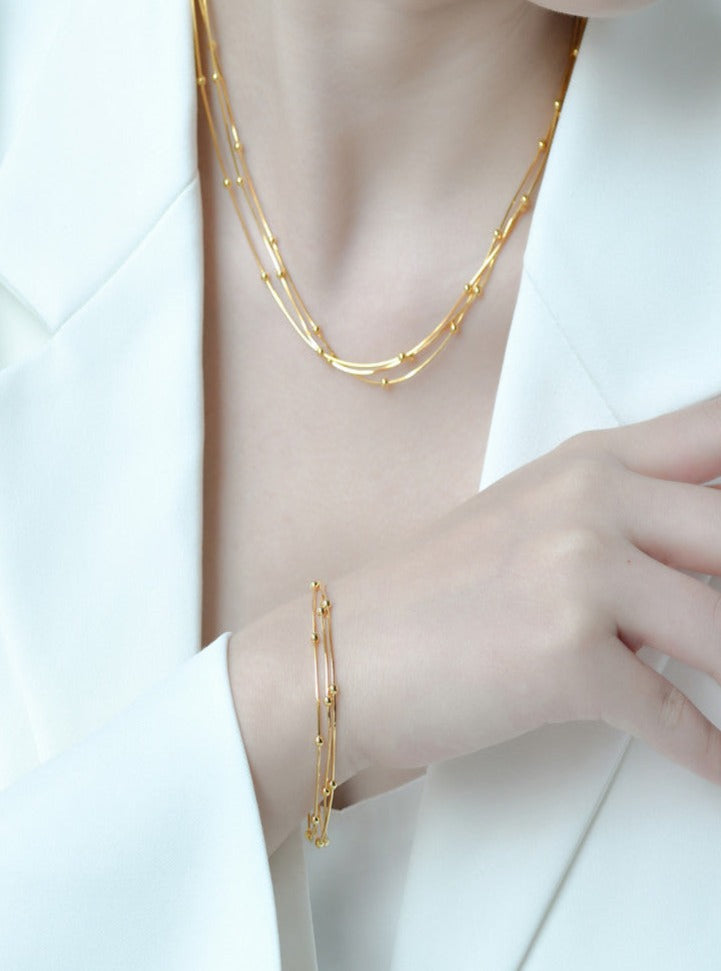 18K Three-layer Snake Bone Chain with Beads Bracelet