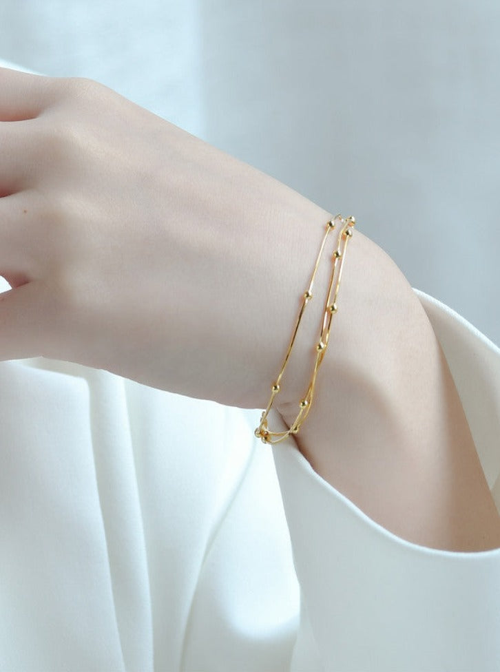 18K Three-layer Snake Bone Chain with Beads Bracelet