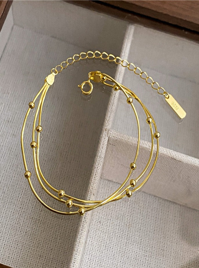 18K Three-layer Snake Bone Chain with Beads Bracelet