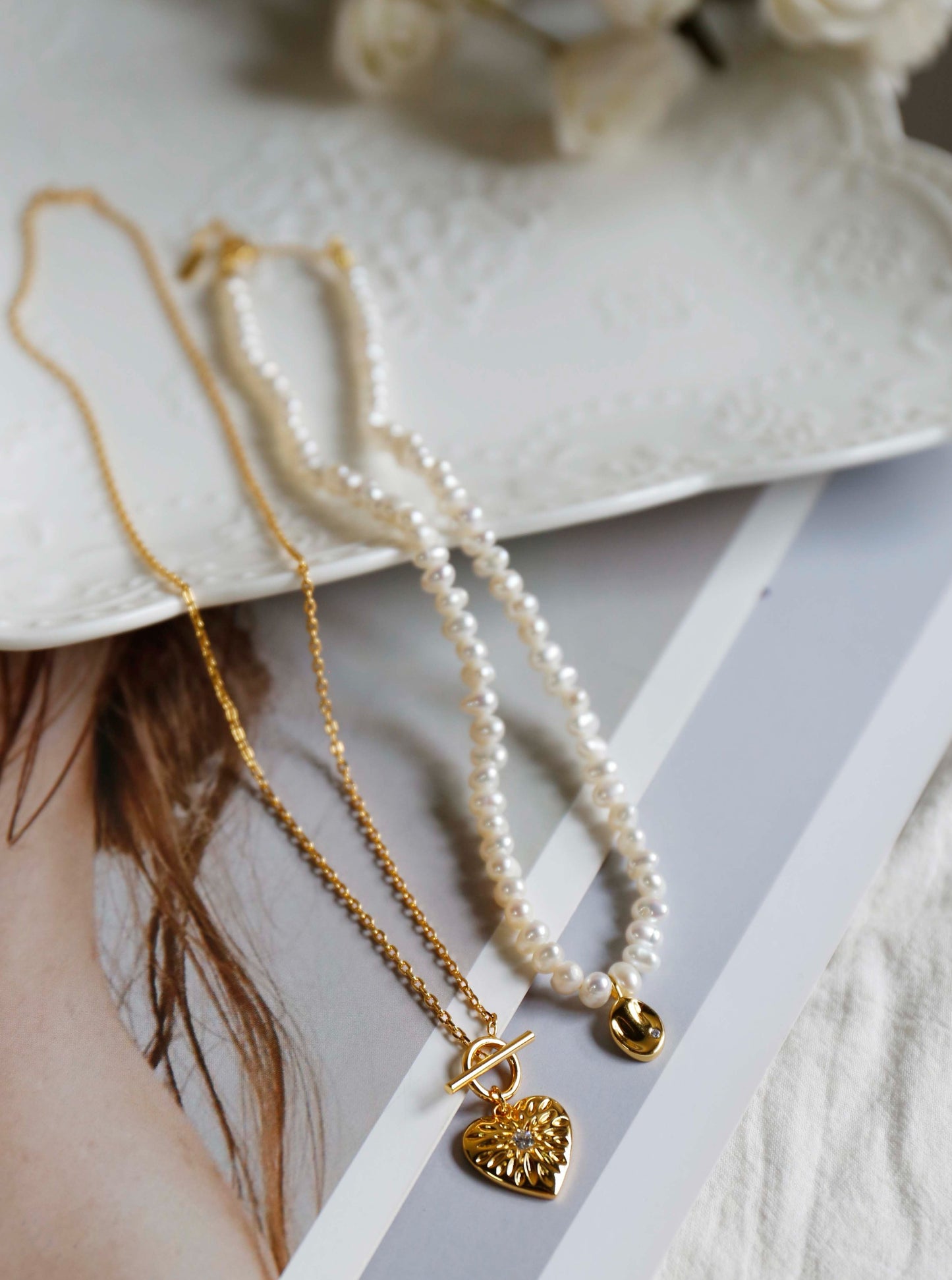 18K Heart and Leaf pearl Necklace Set