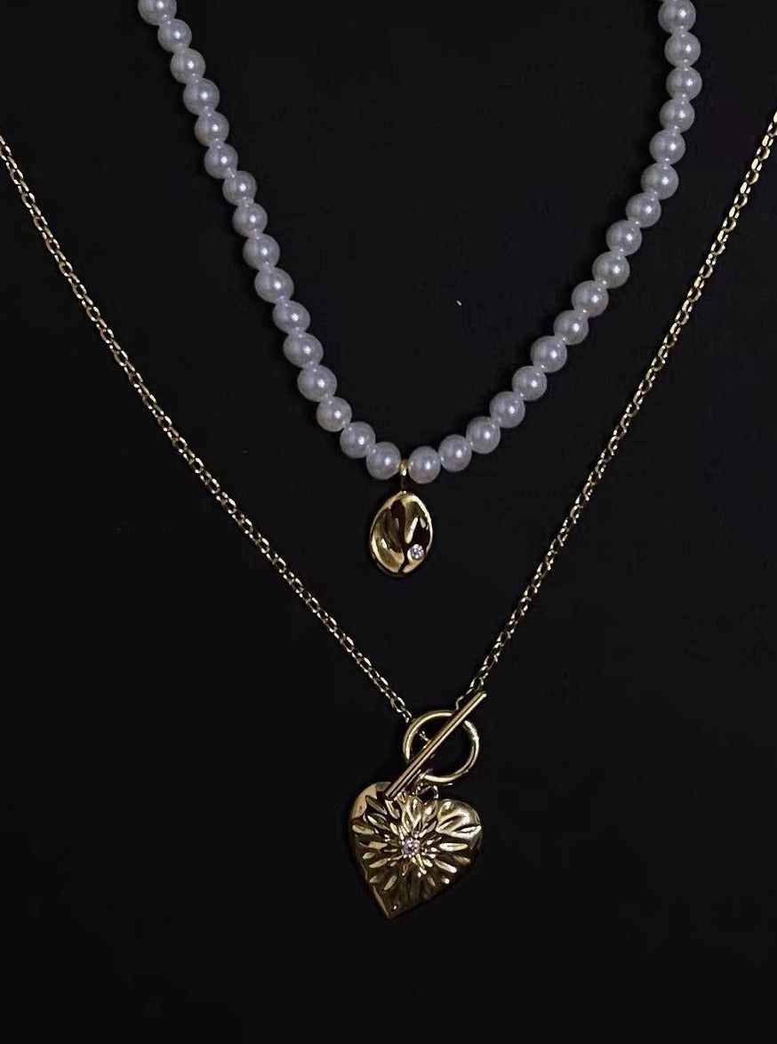 18K Heart and Leaf pearl Necklace Set
