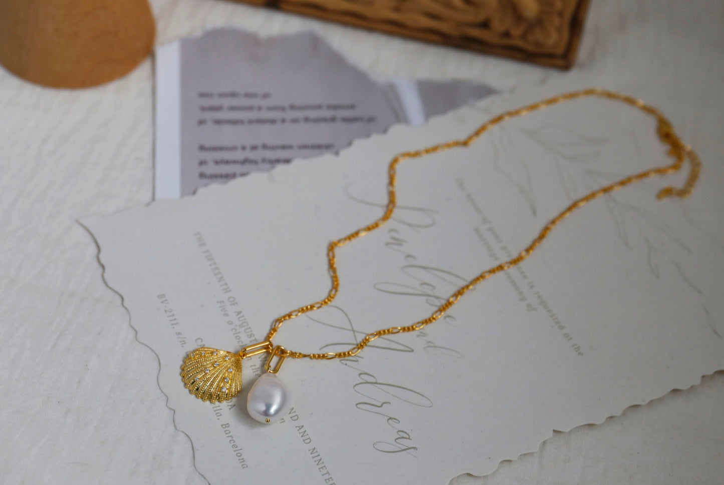 18K Golden Shell & Baroque Pearl Necklace