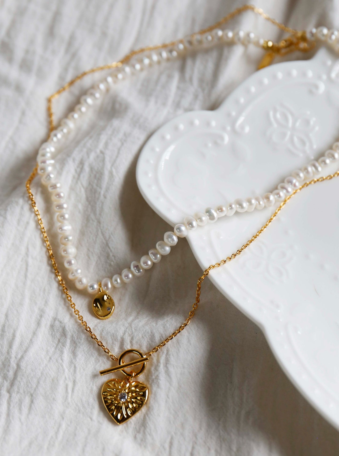 18K Heart and Leaf pearl Necklace Set