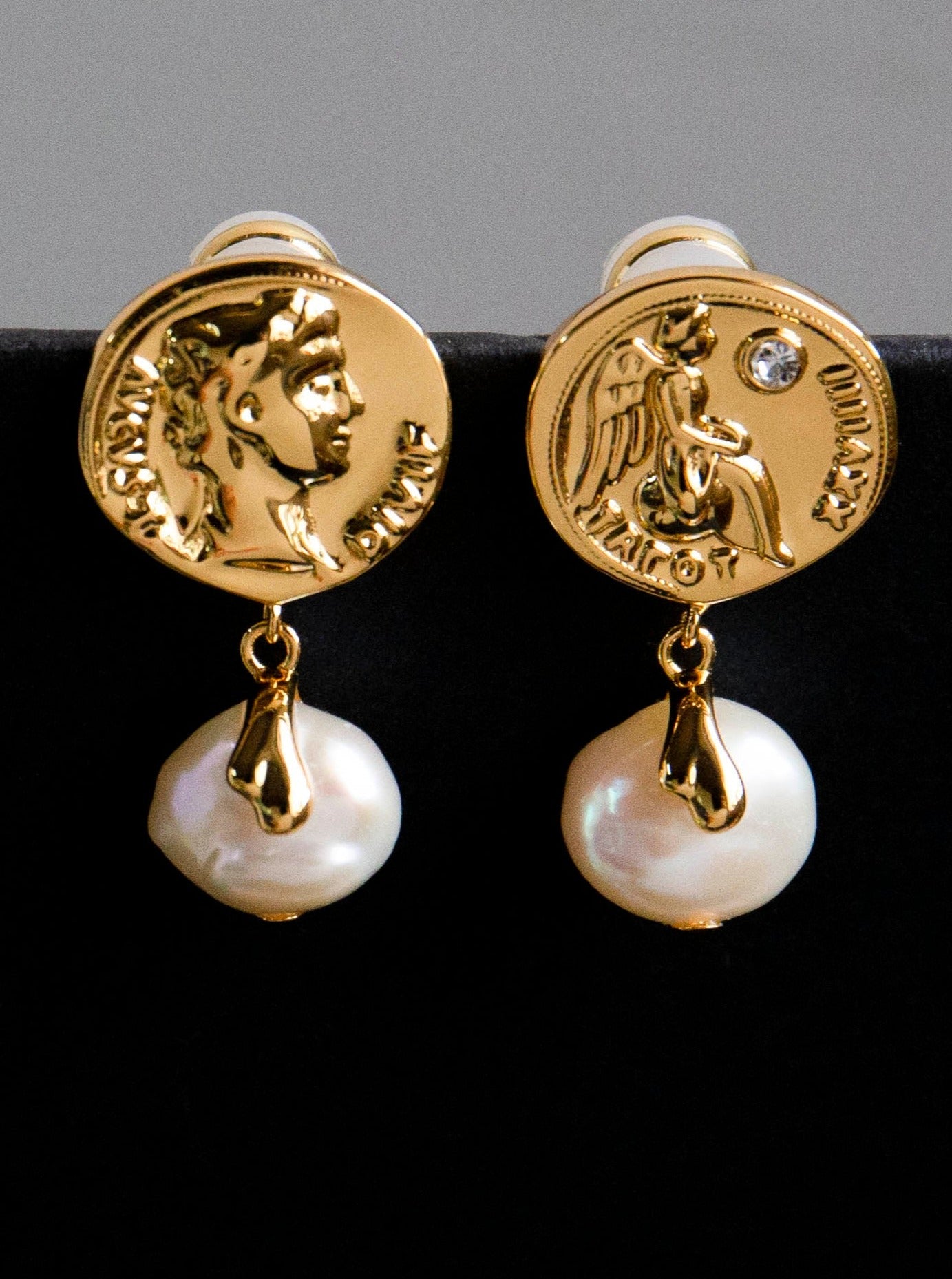 Ancient Coin and Pearl Stud Earrings