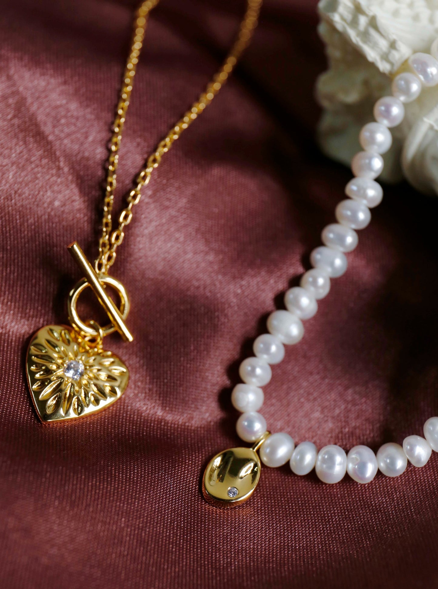 18K Heart and Leaf pearl Necklace Set